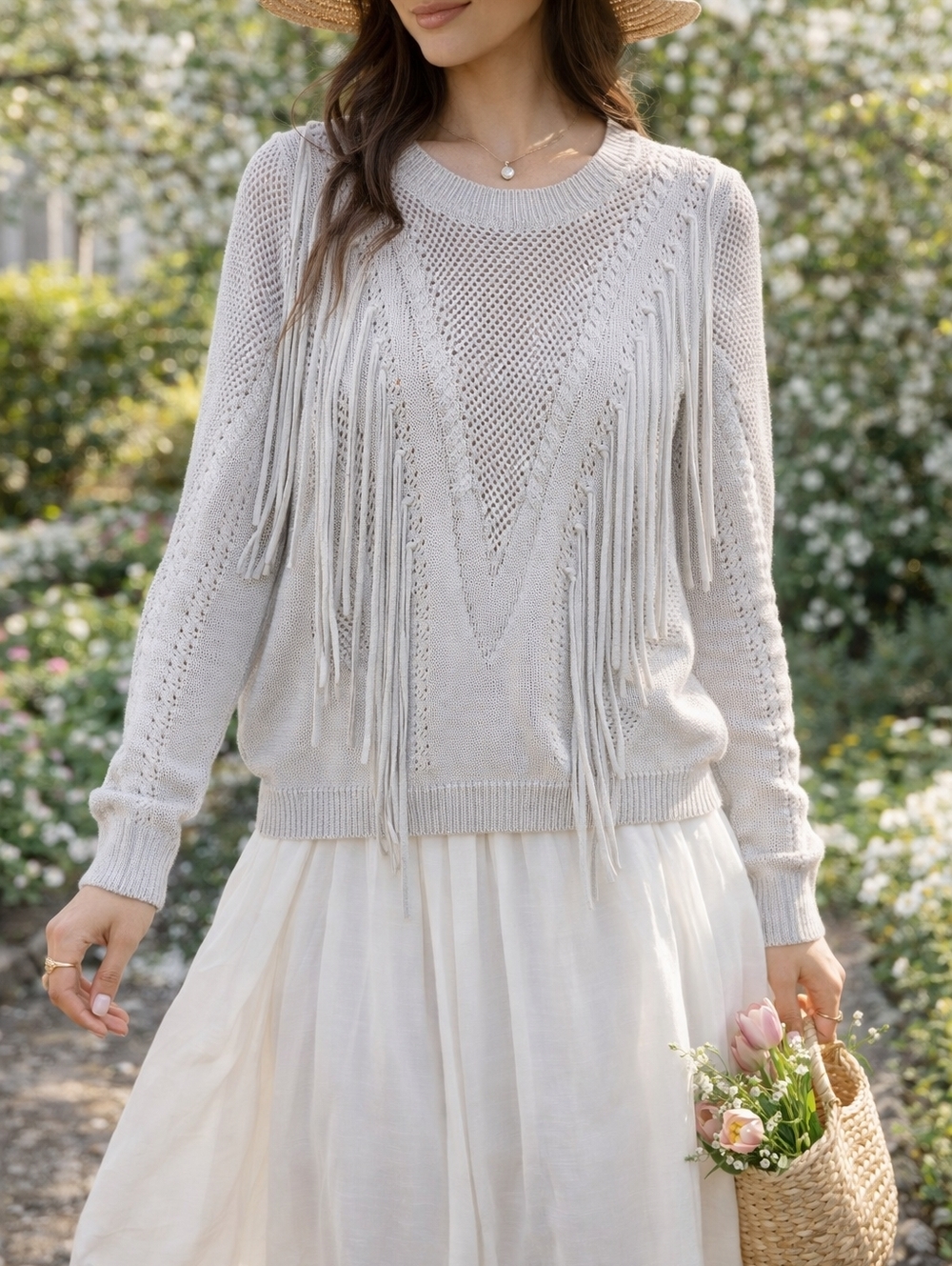 Ronny Kobo Fringe Open Knit Pointelle Sweater in Grey - Size M